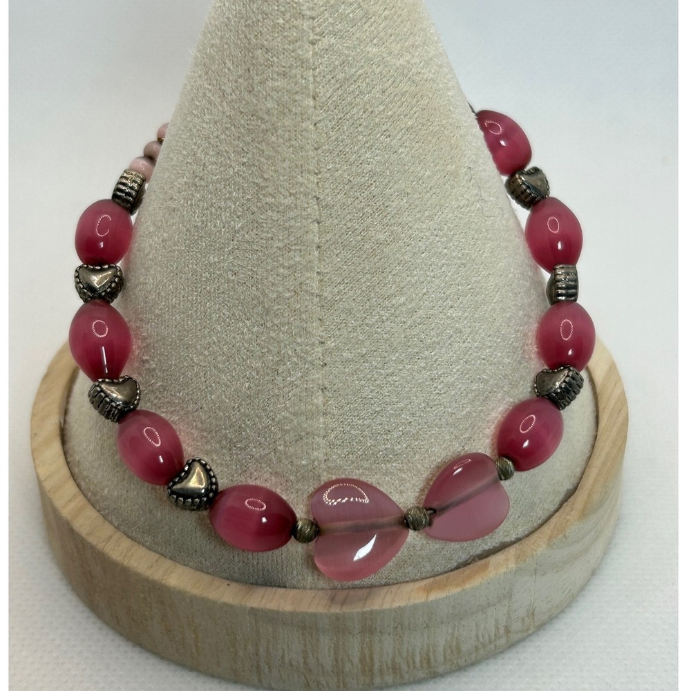 Pink Heart Cat Eye Beaded Bracelet Silver Tone Toggle Clasp Romantic Feminine